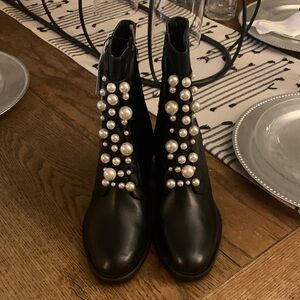 ZARA Black 100% Genuine Leather Ankle Boots With Pearls 5107/201 US 7.5